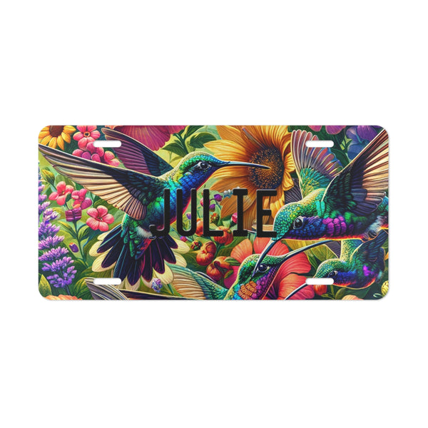 Personalized Hummingbird Custom Front License Plate Vanity Plate featuring blue and green hummingbirds on a field of pink and yellow flowers. 