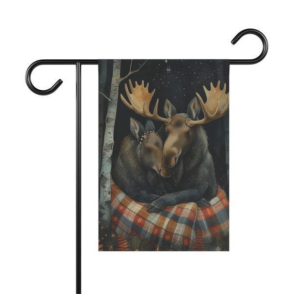 Rustic Moose Couple Garden Flag & Porch Banner Woodland Cabin Yard Decor