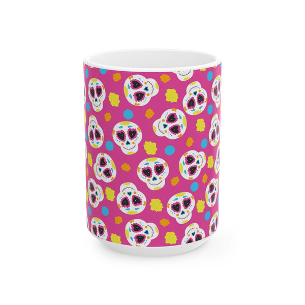 Pink Sugar Skull Day of the Dead White Ceramic Mug
