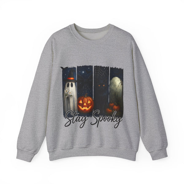 Gray sweatshirt with Halloween-themed design featuring ghosts and pumpkins on a white background.