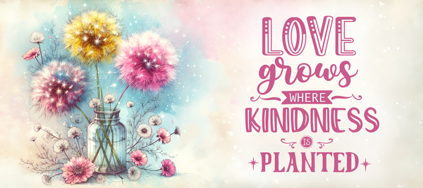 Love Grows Where Kindness Is Planted Glossy Sticker | Handmade Dandelion Inspiration Decal | 3.5 x 1.75 Inch