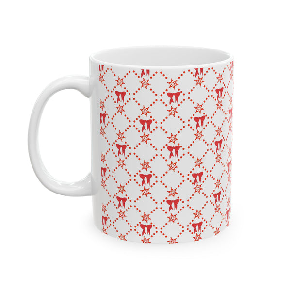 Christmas Coffee Mug, Red Bows Holiday Cup, Festive Ceramic Mug, Xmas Tea Mug