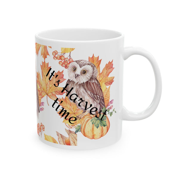 Harvest Time Owl Coffee Mug – Autumn Fall Leaves Ceramic Cup, Dishwasher Safe