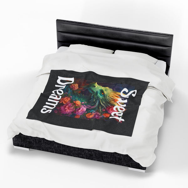 Duvet cover with colorful design and text on a bed