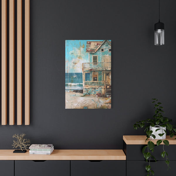 Whimsical Beach House Ocean Canvas Print Blue Art Coastal Decor Wall Hanging