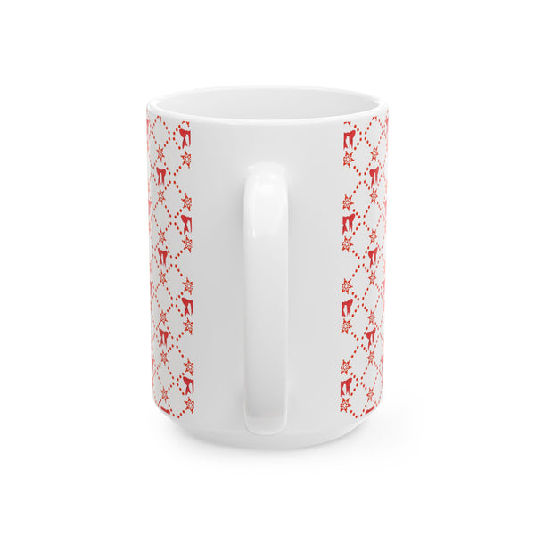 Christmas Coffee Mug, Red Bows Holiday Cup, Festive Ceramic Mug, Xmas Tea Mug