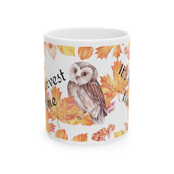 Harvest Time Owl Coffee Mug – Autumn Fall Leaves Ceramic Cup, Dishwasher Safe