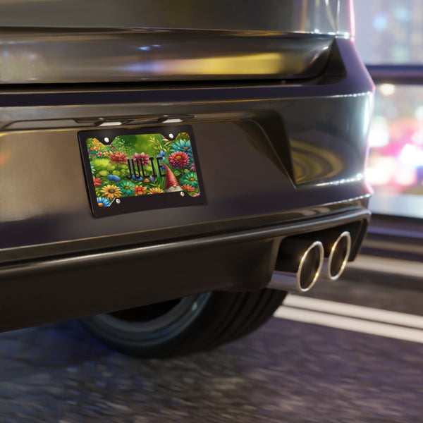 Personalized Gnome Vanity Front License Plate on the back of a car under a frame 
