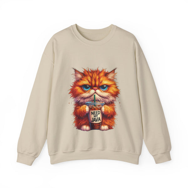 Beige sweatshirt with a cat holding a coffee cup graphic on a white background