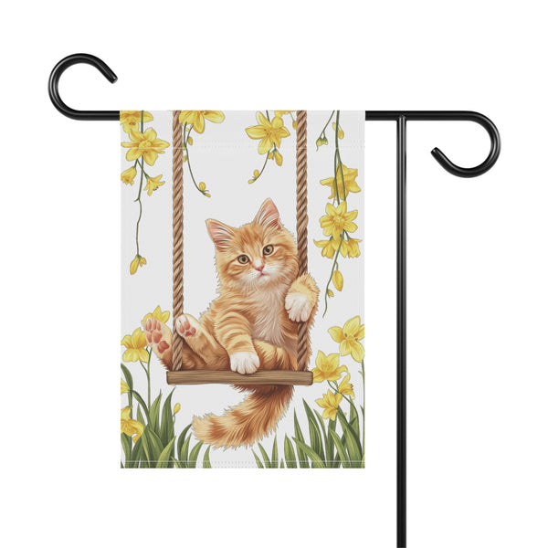 Orange Kitten on Swing Garden Flag & Porch Banner Spring Floral Decor