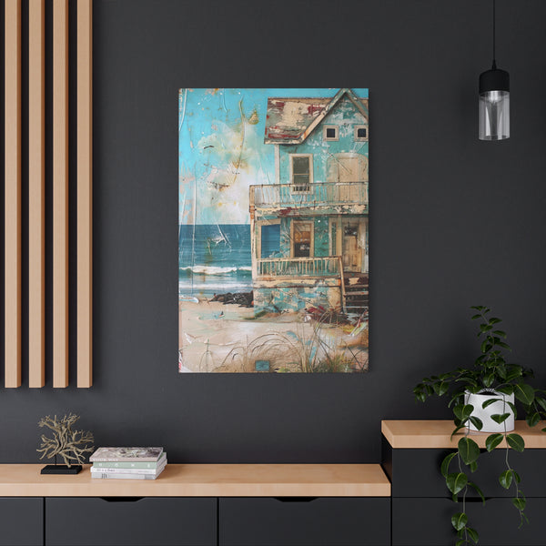 Whimsical Beach House Ocean Canvas Print Blue Art Coastal Decor Wall Hanging