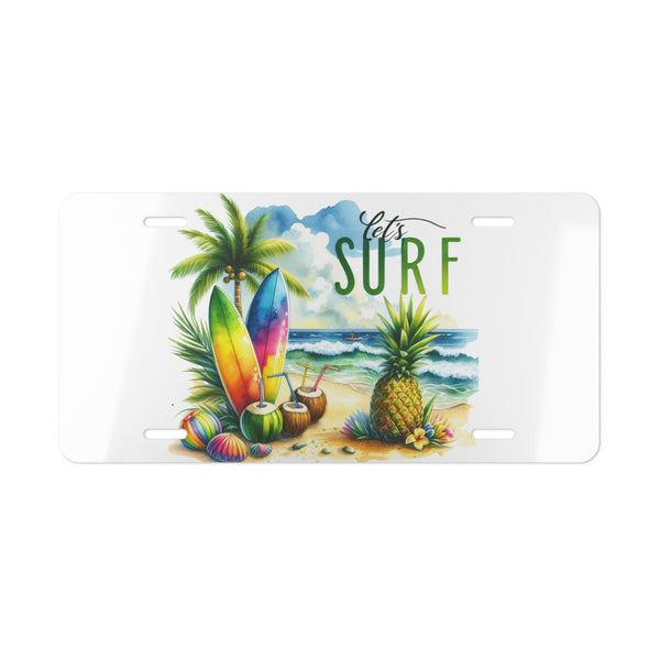 Let’s Surf Tropical Beach Surfboard Decorative License Plate