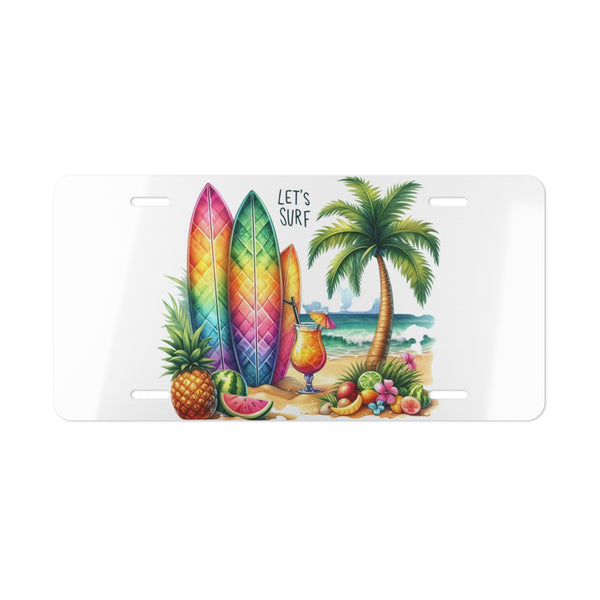 Let’s Surf Tropical Beach Surfboard Decorative License Plate