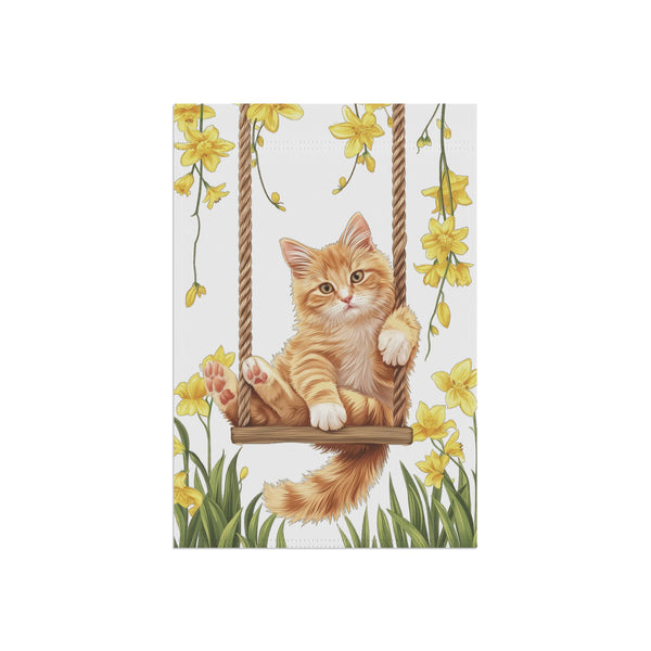 Orange Kitten on Swing Garden Flag & Porch Banner Spring Floral Decor
