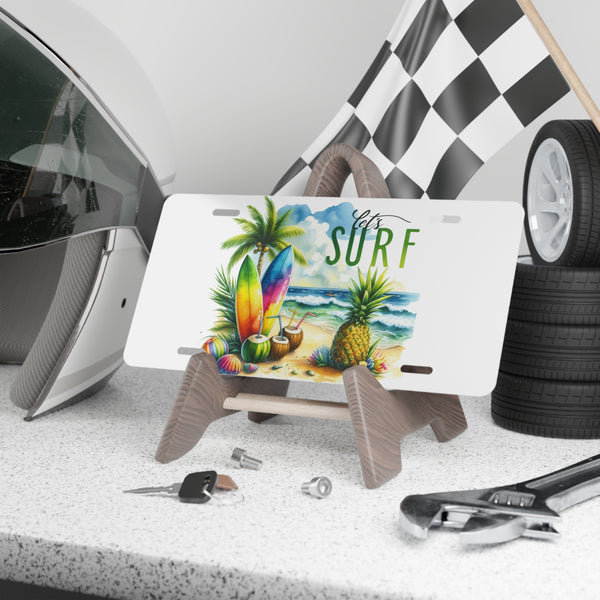 Let’s Surf Tropical Beach Surfboard Decorative License Plate