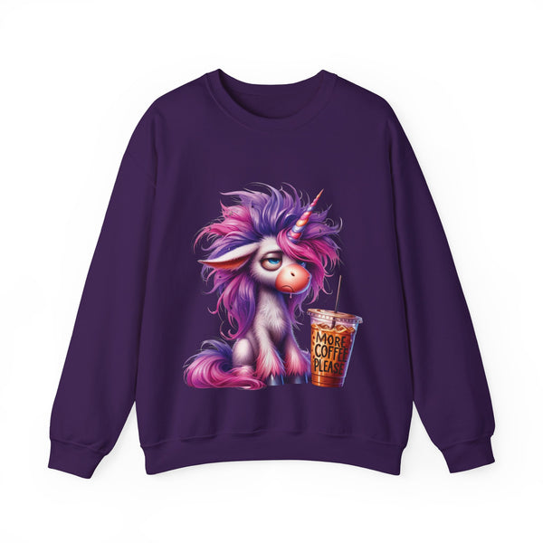 Purple sweatshirt with a unicorn graphic and a coffee cup on a white background