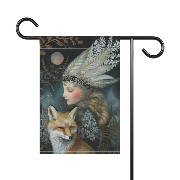 Mystic Moon Maiden & Fox Garden Flag Porch Banner Gothic Fantasy Decor