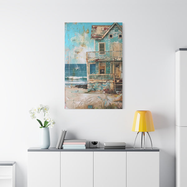 Whimsical Beach House Ocean Canvas Print Blue Art Coastal Decor Wall Hanging