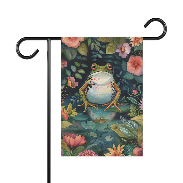 Decorative garden flag with a frog and floral design on a dark background