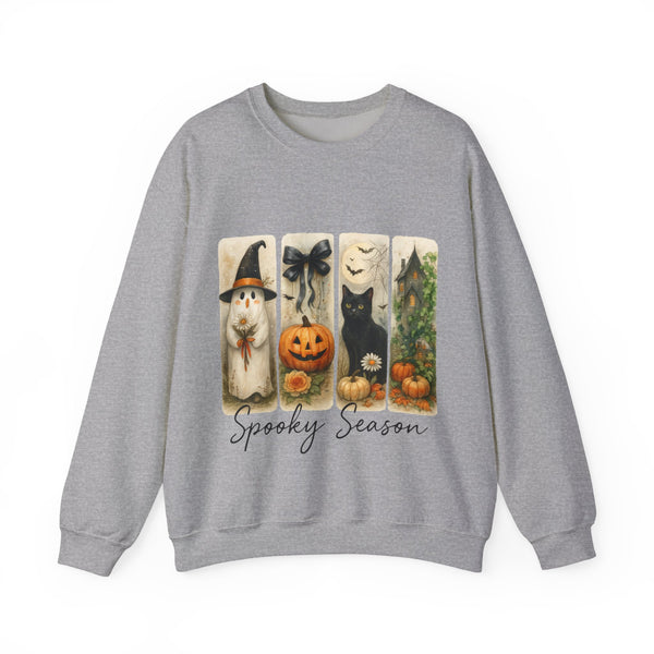 Gray sweatshirt with Halloween-themed design featuring a black cat, jack-o'-lantern, and broomstick on a white background.