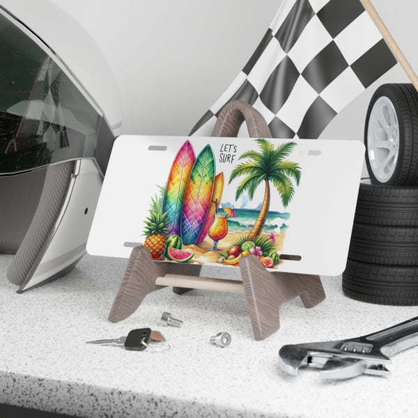 Let’s Surf Tropical Beach Surfboard Decorative License Plate