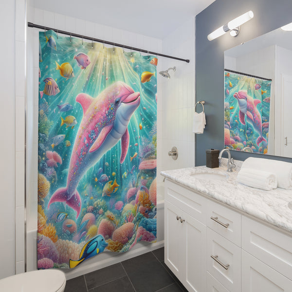 Pink Dolphin Shower Curtain | Tropical Ocean Coastal Beach Bathroom Decor