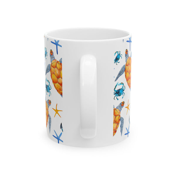 Sea Turtle Coffee Mug – Ocean Beach Ceramic Cup with Crabs & Anchors, 11oz/15oz
