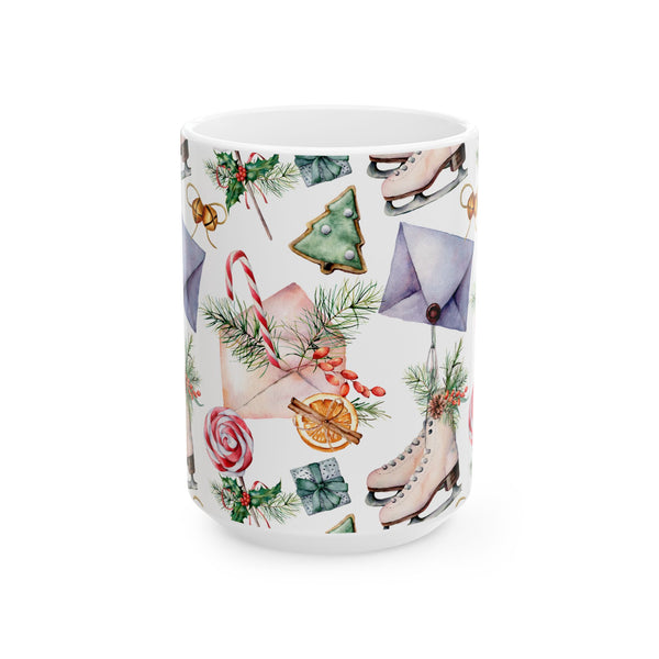 Christmas Gift Coffee Mug Holiday Ceramic Cup with Skates, Cookies & Candy Canes