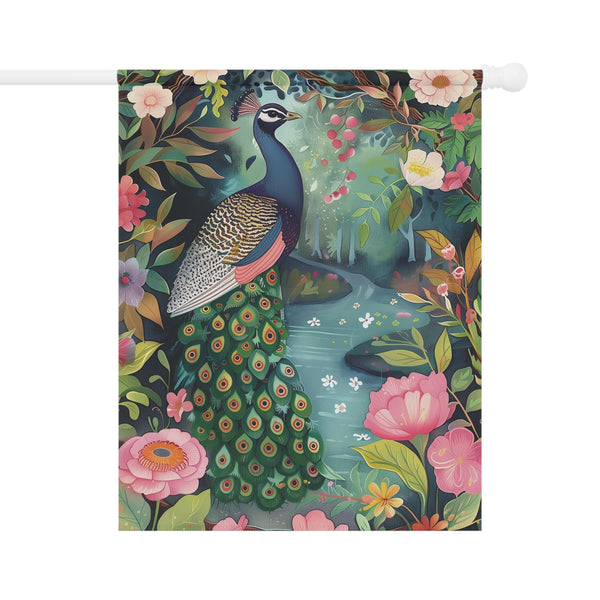 Decorative flag with a peacock and floral design on a white background