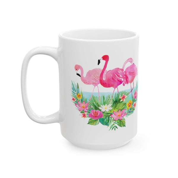 Pink Flamingo Coffee Mug Tropical Flowers Ceramic Cup, 11oz/15oz Dishwasher Safe