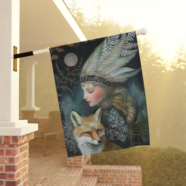 Mystic Moon Maiden & Fox Garden Flag Porch Banner Gothic Fantasy Decor