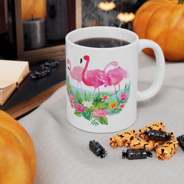 Pink Flamingo Coffee Mug Tropical Flowers Ceramic Cup, 11oz/15oz Dishwasher Safe