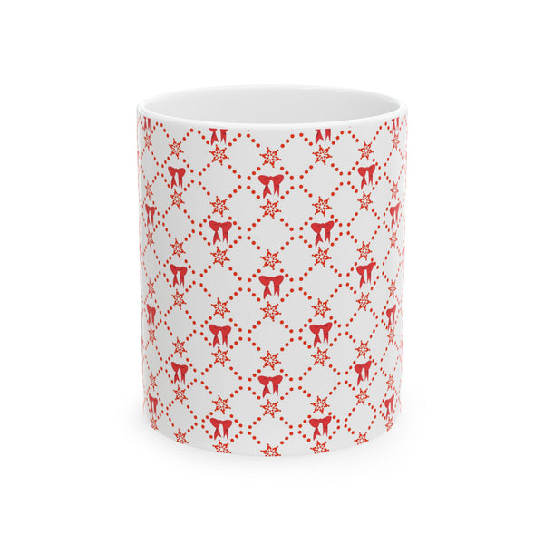 Christmas Coffee Mug, Red Bows Holiday Cup, Festive Ceramic Mug, Xmas Tea Mug