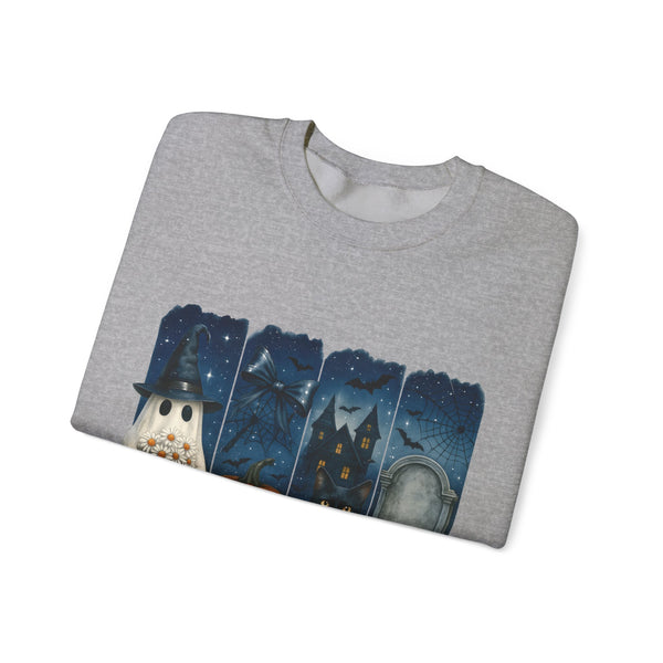 Folded gray t-shirt with Halloween-themed design on a white background