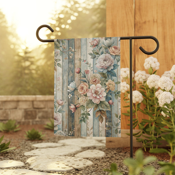 Vintage Floral Wood Plank Garden Flag Cottage Spring Porch Banner