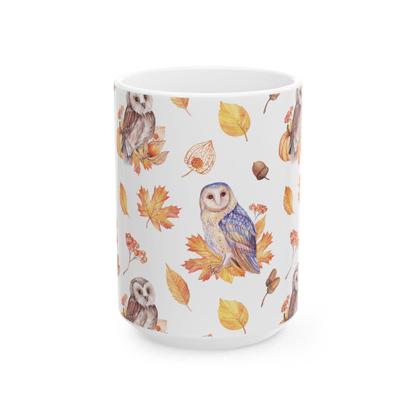 Autumn Owl Coffee Mug – Fall Leaves Ceramic Cup, Dishwasher & Microwave Safe
