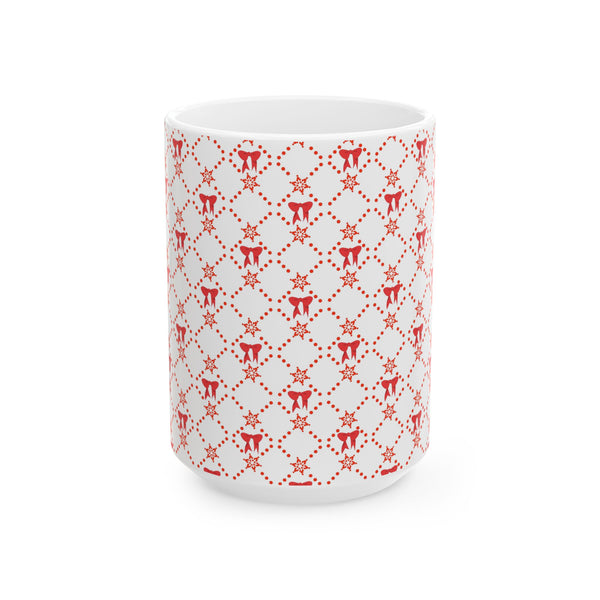 Christmas Coffee Mug, Red Bows Holiday Cup, Festive Ceramic Mug, Xmas Tea Mug