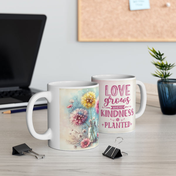 Floral Inspirational Mug – Love Grows where Kindness is Planted Coffee Cup Gift for Women