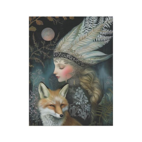 Mystic Moon Maiden & Fox Garden Flag Porch Banner Gothic Fantasy Decor