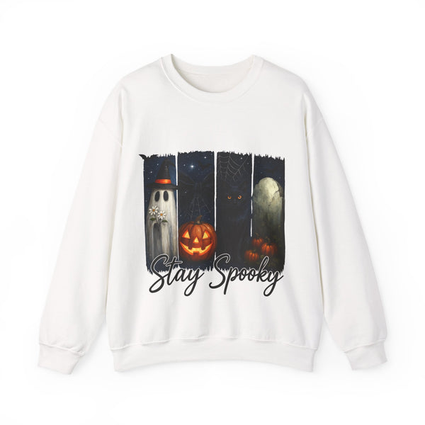 White sweatshirt with Halloween-themed design featuring pumpkins and ghosts on a white background