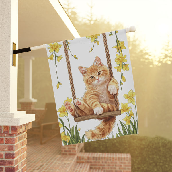 Orange Kitten on Swing Garden Flag & Porch Banner Spring Floral Decor