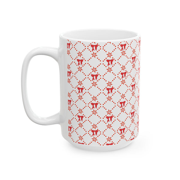 Christmas Coffee Mug, Red Bows Holiday Cup, Festive Ceramic Mug, Xmas Tea Mug