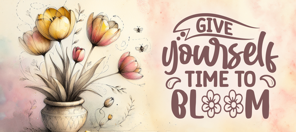 Give Yourself Time to Bloom Inspirational Glossy Sticker | Handmade Floral Motivation Decal | 3.5 x 1.75 Inch