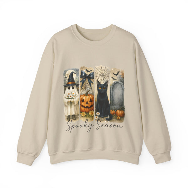 Beige sweatshirt with Halloween-themed design featuring a black cat, pumpkin, and ghost.
