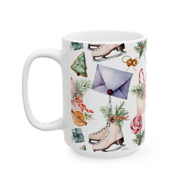Christmas Gift Coffee Mug Holiday Ceramic Cup with Skates, Cookies & Candy Canes