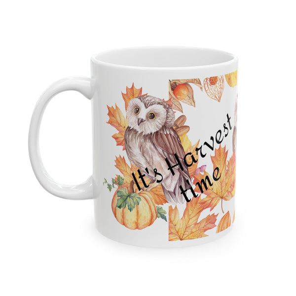 Harvest Time Owl Coffee Mug – Autumn Fall Leaves Ceramic Cup, Dishwasher Safe