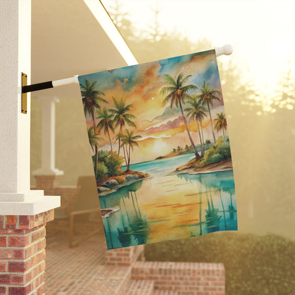 Tropical Sunset Palm Tree Garden Flag & Porch Banner Beach Yard Decor Art