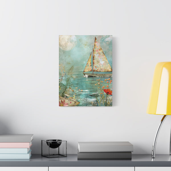 Whimsical Nautical Canvas Art - Sailboat Decor Mixed Media Print