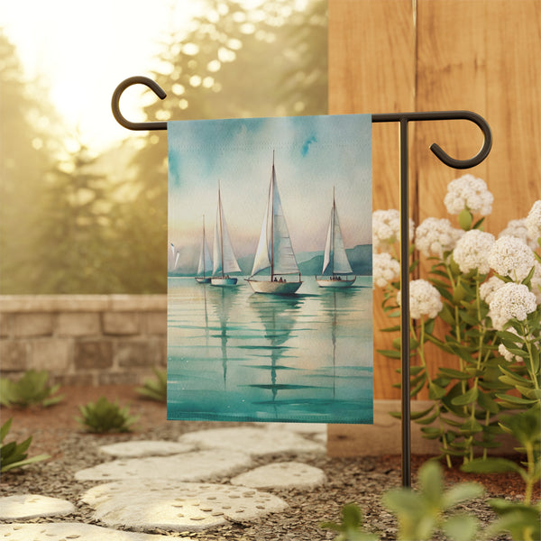 Decorative garden flag with sailboat design on a stand outdoors.