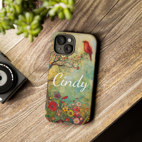 Personalized Red Floral Bird Phone Case Custom Samsung iPhone Garden Design